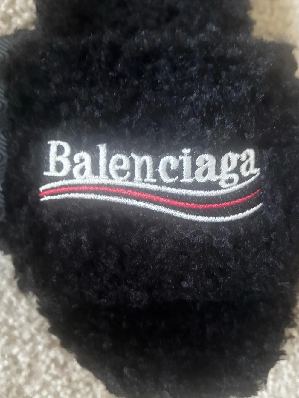 Balenciaga Black Fleece Slide with Embroidered Logo and Stripe